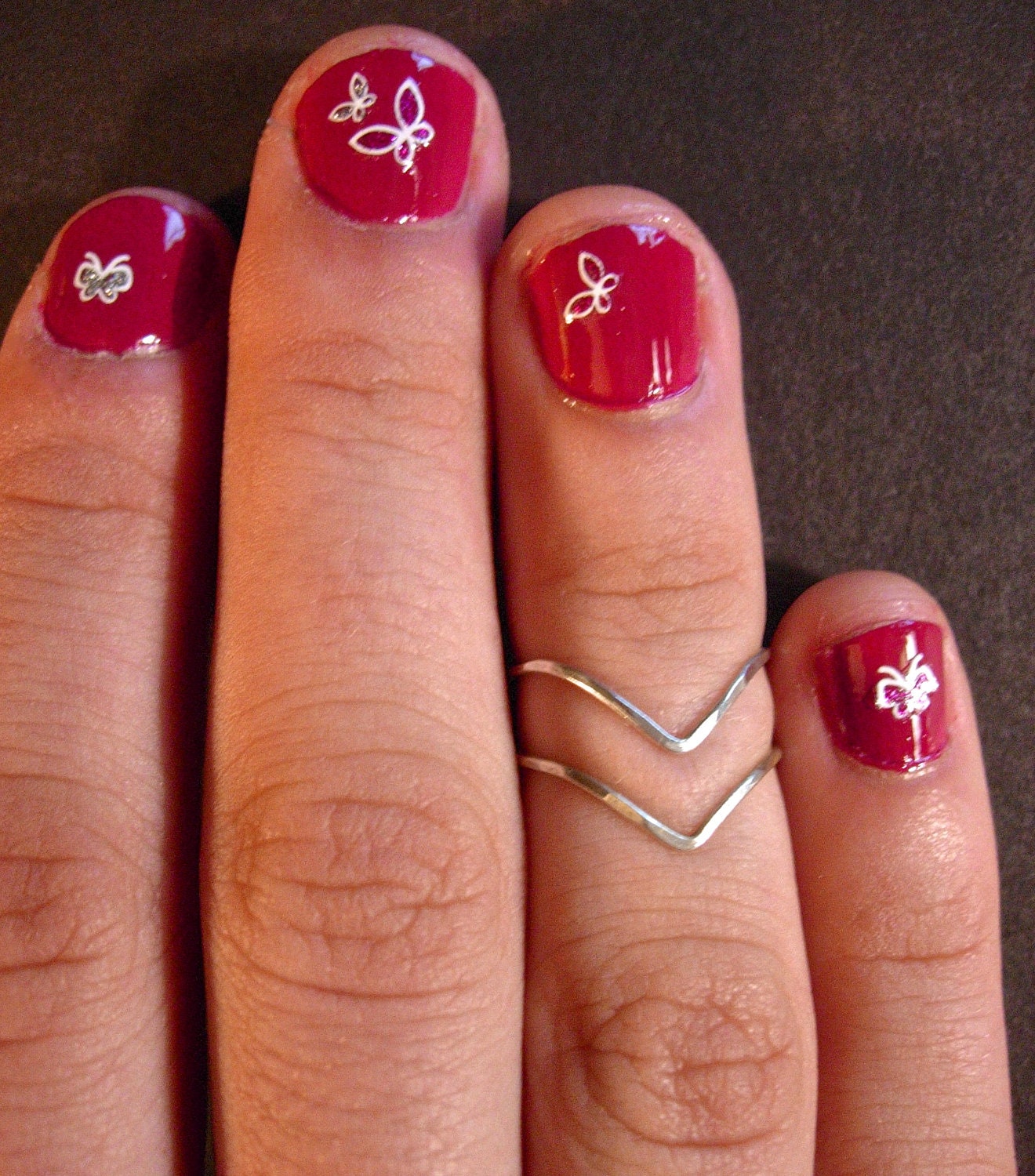 SOLID STERLING SILVER set of 2 Chevron Knuckle or Mid Finger rings, hand hammered stacking pair Please specify size