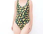 Vintage citrus fruit black one piece swimsuit / swimwear s