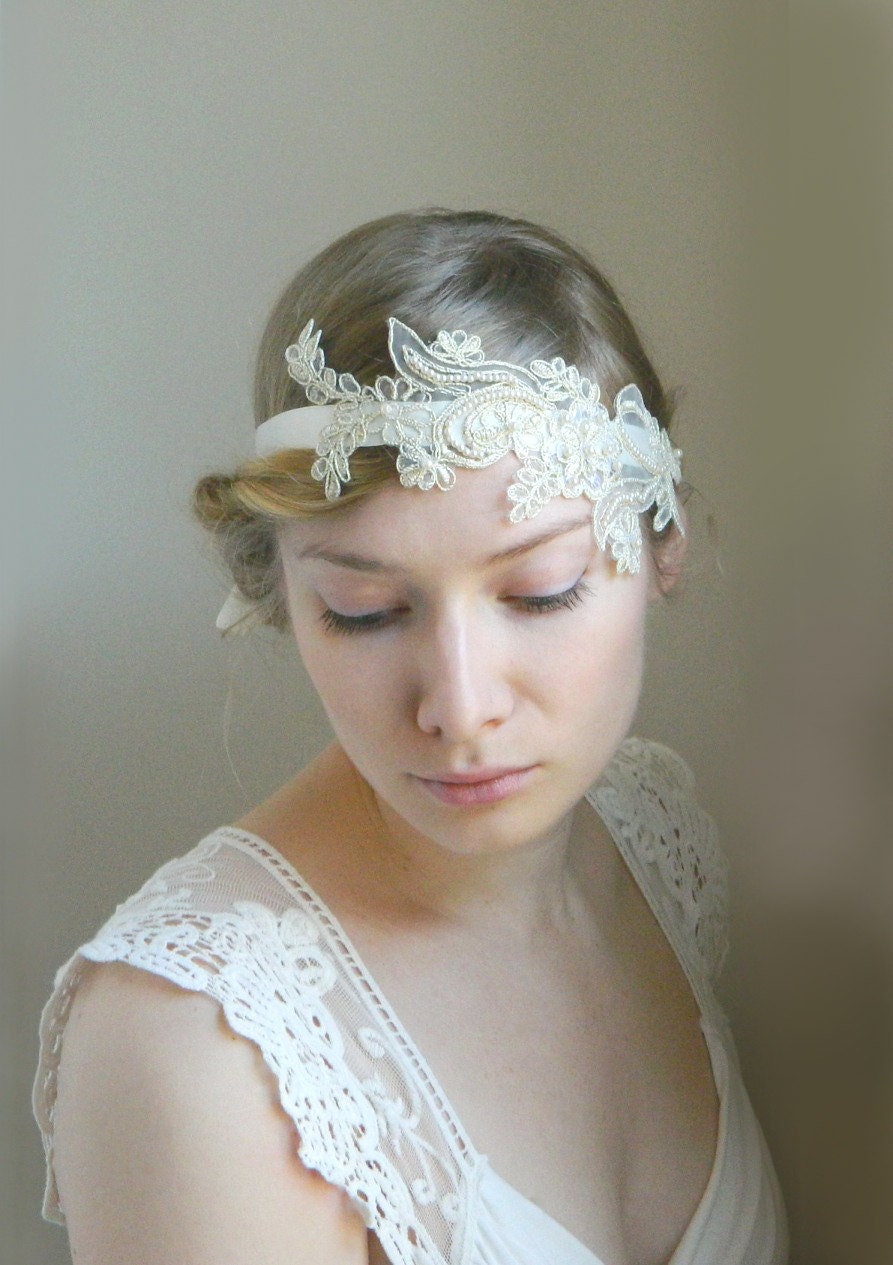 Floral Lace 'Zezette' Headband - Embroidered Bridal Hair Accessory - Boho Vintage Headband