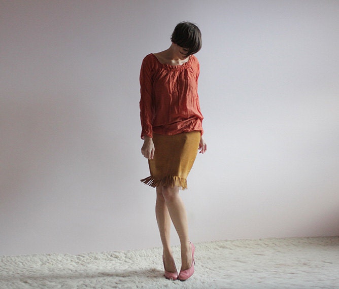 Fringed bottom suede pencil skirt in mustard brown - founditgreat