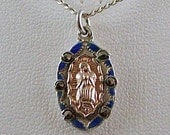Vintage Catholic Medal of the Virgin Mary MEXICO STERLING Enamel and Marcasites