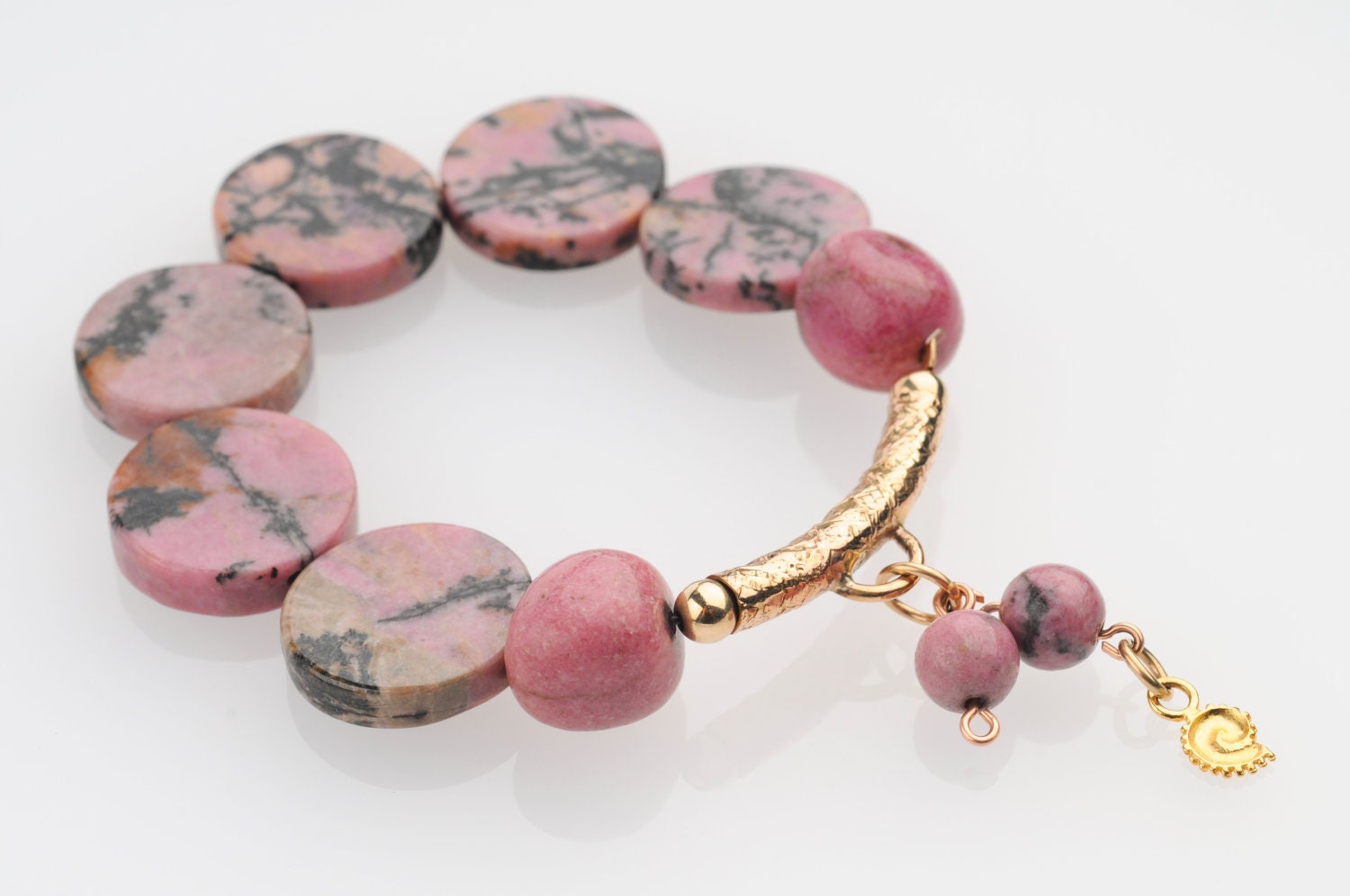 Bracelet with Pink and Grey Rhodonite and a Charm - "Rose & Gold Circle"