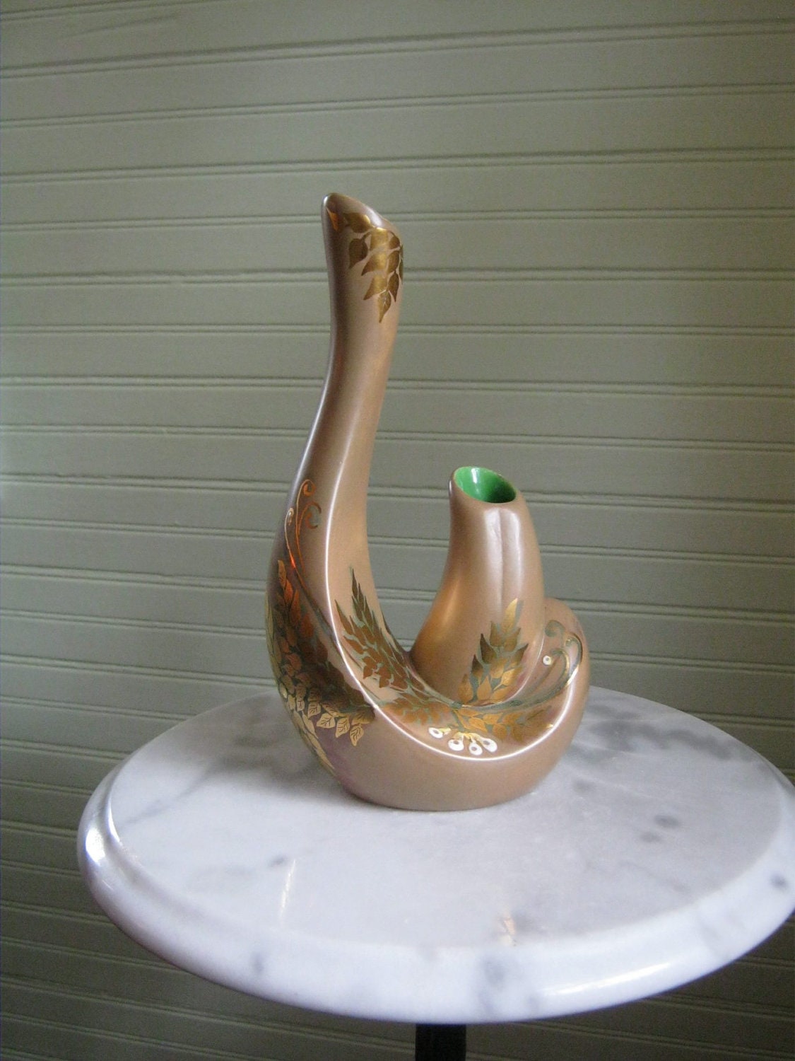 Vintage Hand Painted Vase -- Gold Floral Design -- Mid Century Marvelous Home Decor -- Sleek, Graceful Shape