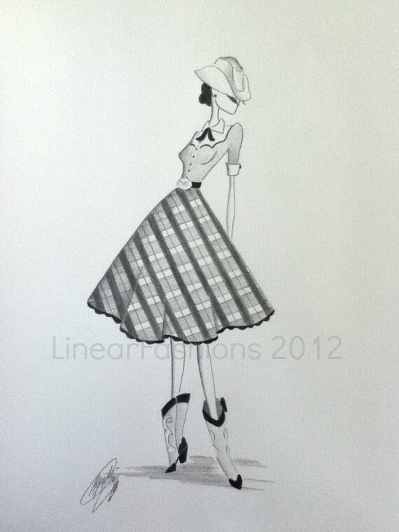 1950s Western Dress Fashion Illustration  / cowgirl art  / pencil art / original drawing / fashion art / home decor / art gift