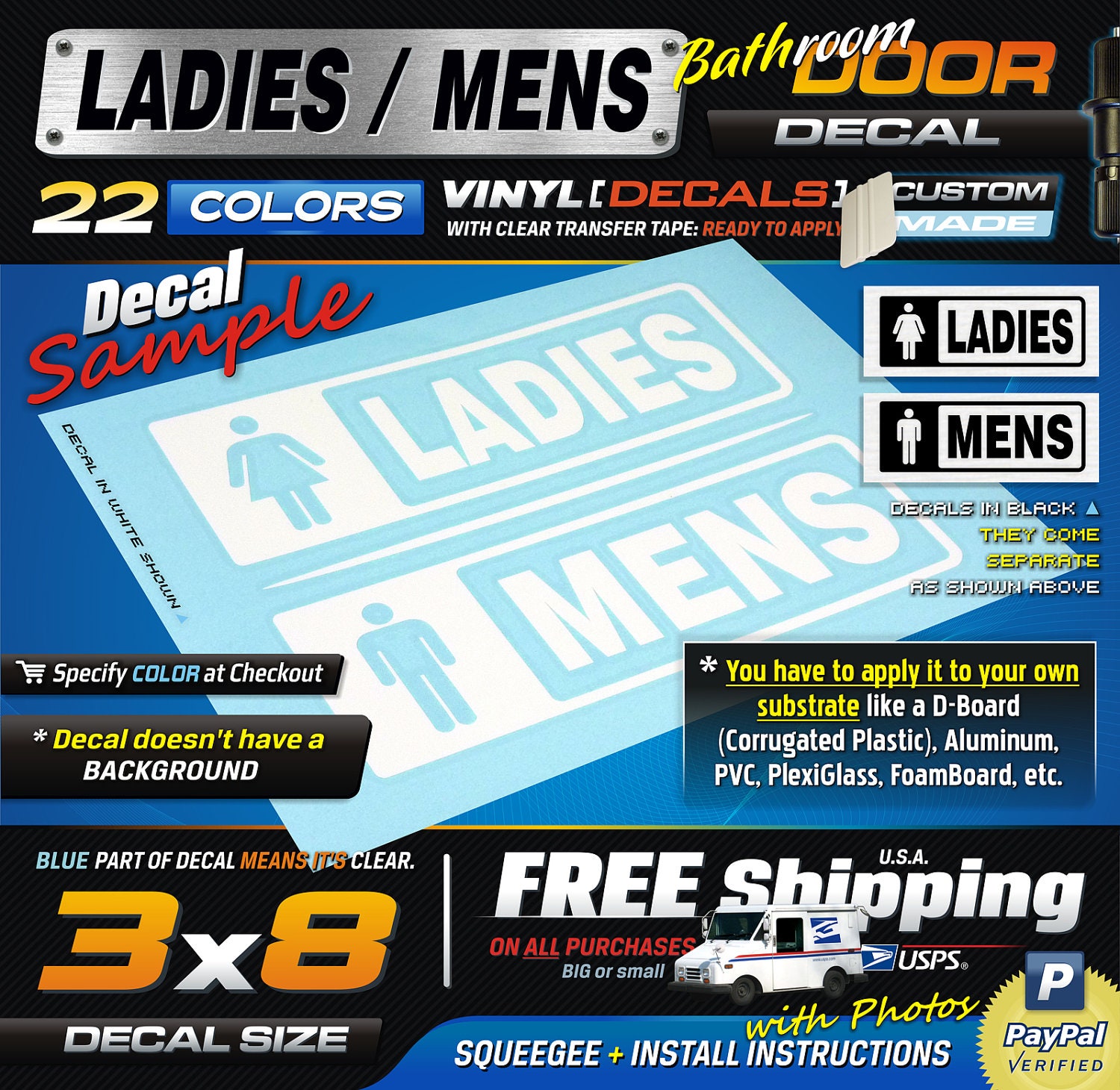 3x8 (2) Bathroom Door Sign Ladies & Men ( MEDIUM ) 1 Color Vinyl Decal