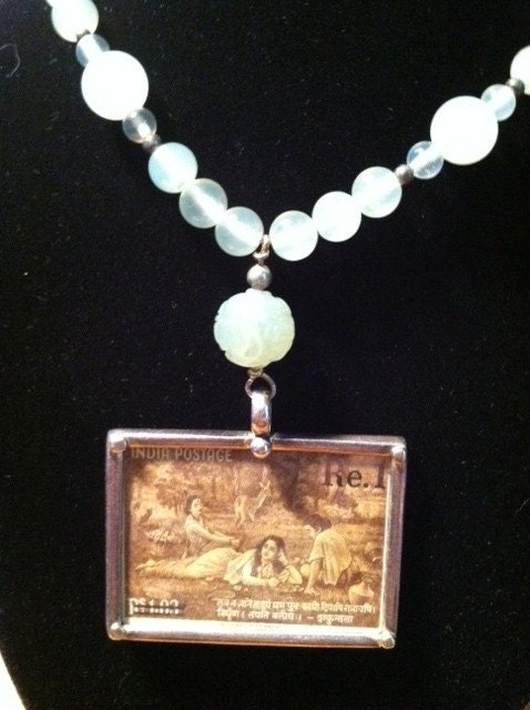 Vintage India Stamp Pendant on a Gorgeous Chalcedony Beaded Necklace Krishna's Gopis