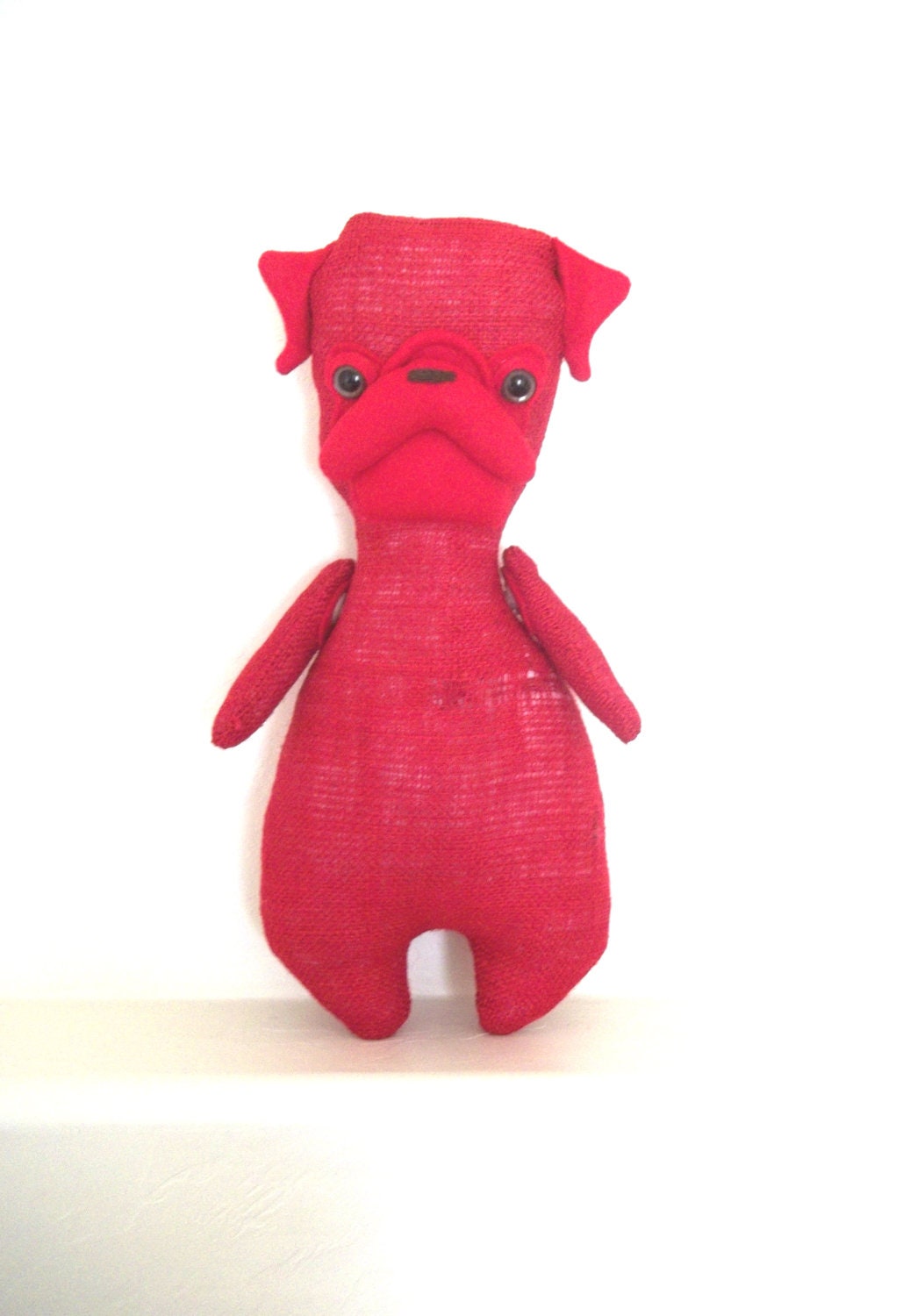Mon Cher Pug (brown, red, apple, burlap) pug doll, artist doll, toy, soft sculpture, children, kids, folk