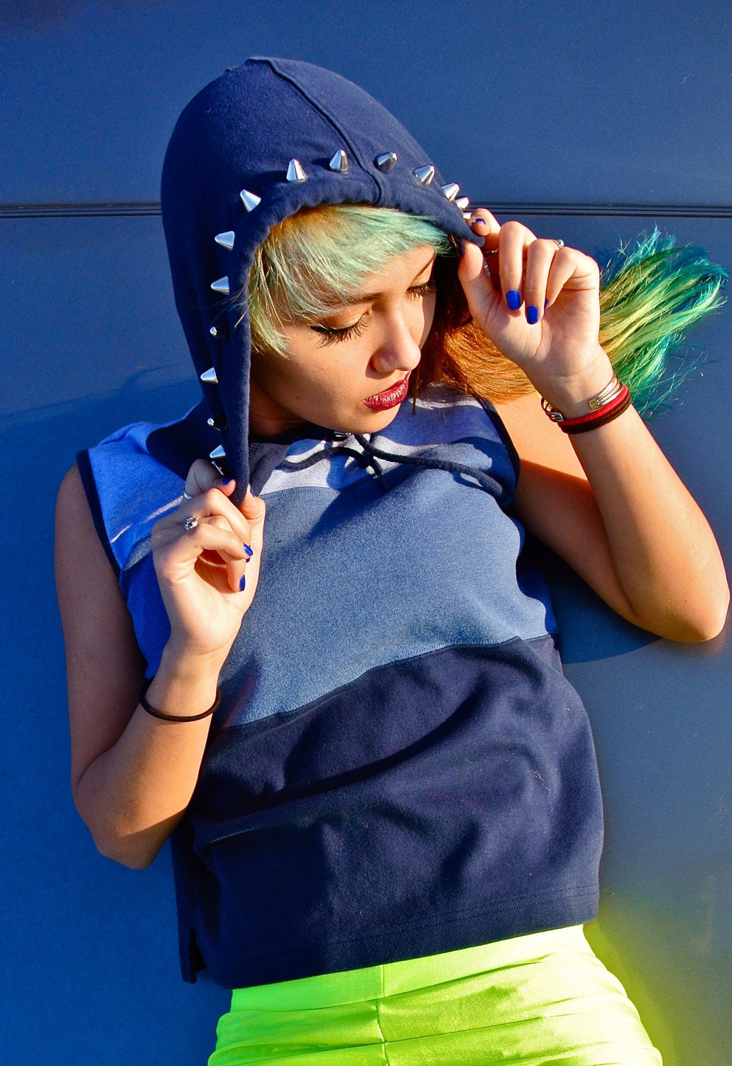 Navy Color-blocked Studded Sleeveless Hoodie S