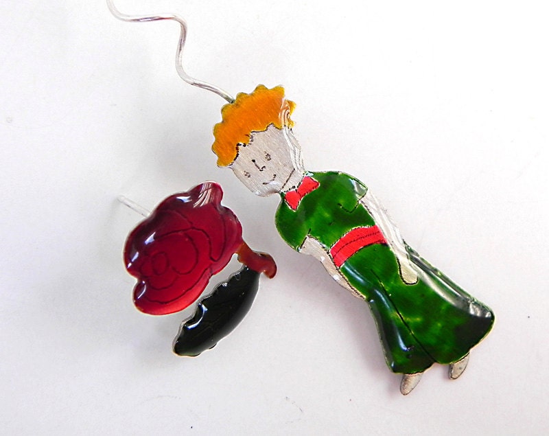 Little prince and his rose hand cut metal earrings. Sterling silver hangers.