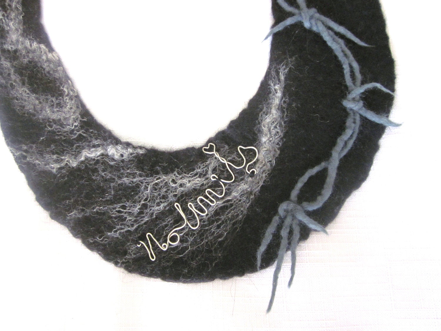 Felt Collar Black Steam Punk Collar Gothic Necklace Textile Art Graffiti "No Limits" Barbed Wire Felt Silver Script
