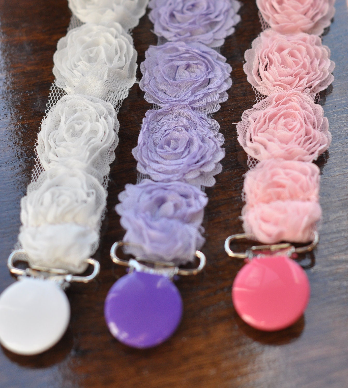 High End Boutique shabby chic  Rose Flowers Baby Infant Newborn Girl Pacifier Binky Clips Pink  Purple White