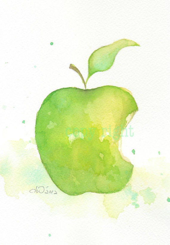 Fruit, fruit print, art, watercolor painting, watercolor art print, watercolor,Green apple----Original watercolor print, No-14