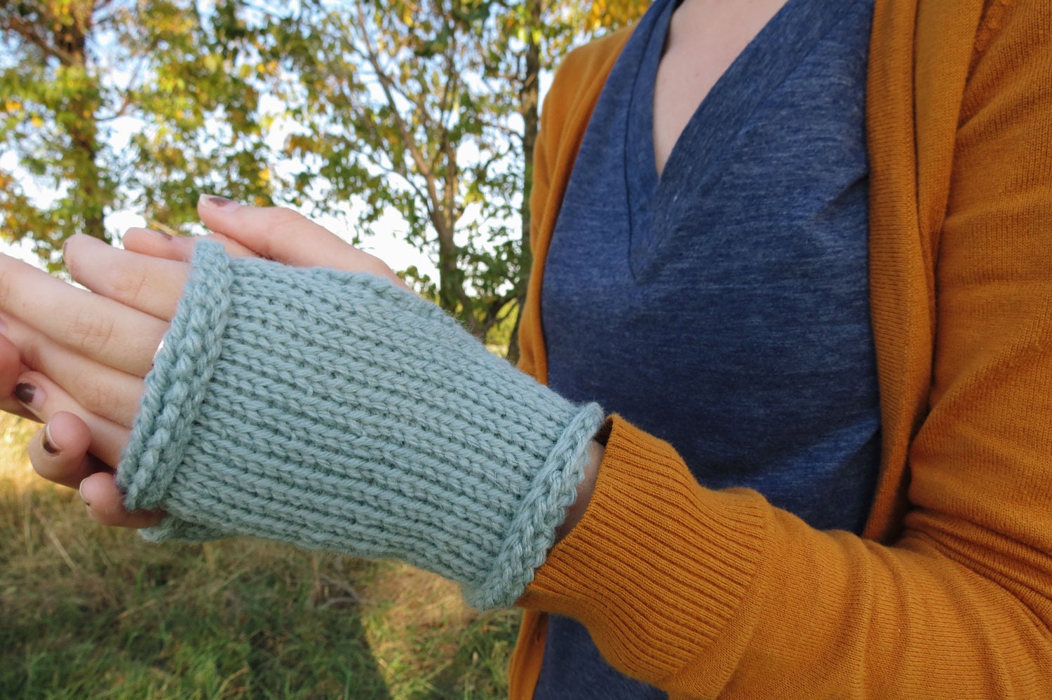 Crochet Gloves, Fingerless Gloves, Crochet Wrist Warmers in Pale Blue / The Beekeeper's Mitts