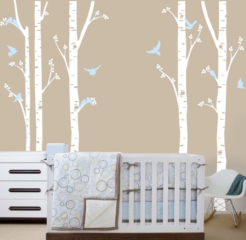 Birch Tree decal with Birds LG set, Birch Decal, Love Doves, Birch forest, Nursery Birch Trees Wall Vinyl