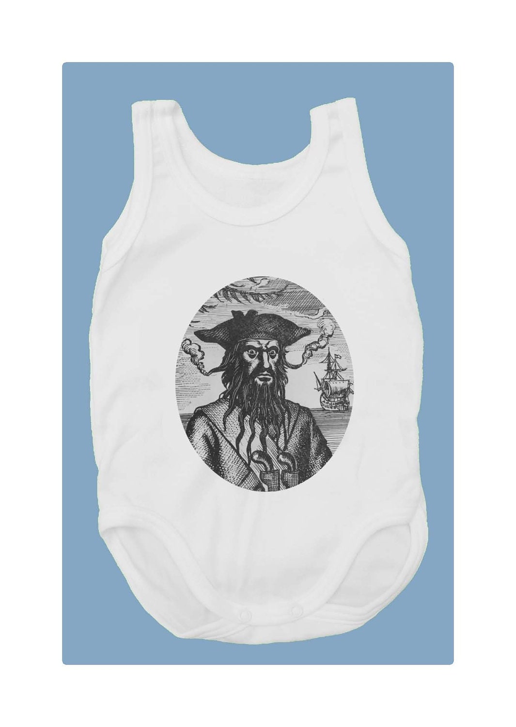 Blackbeard (100% White cotton baby bodysuit with vintage pirate print)