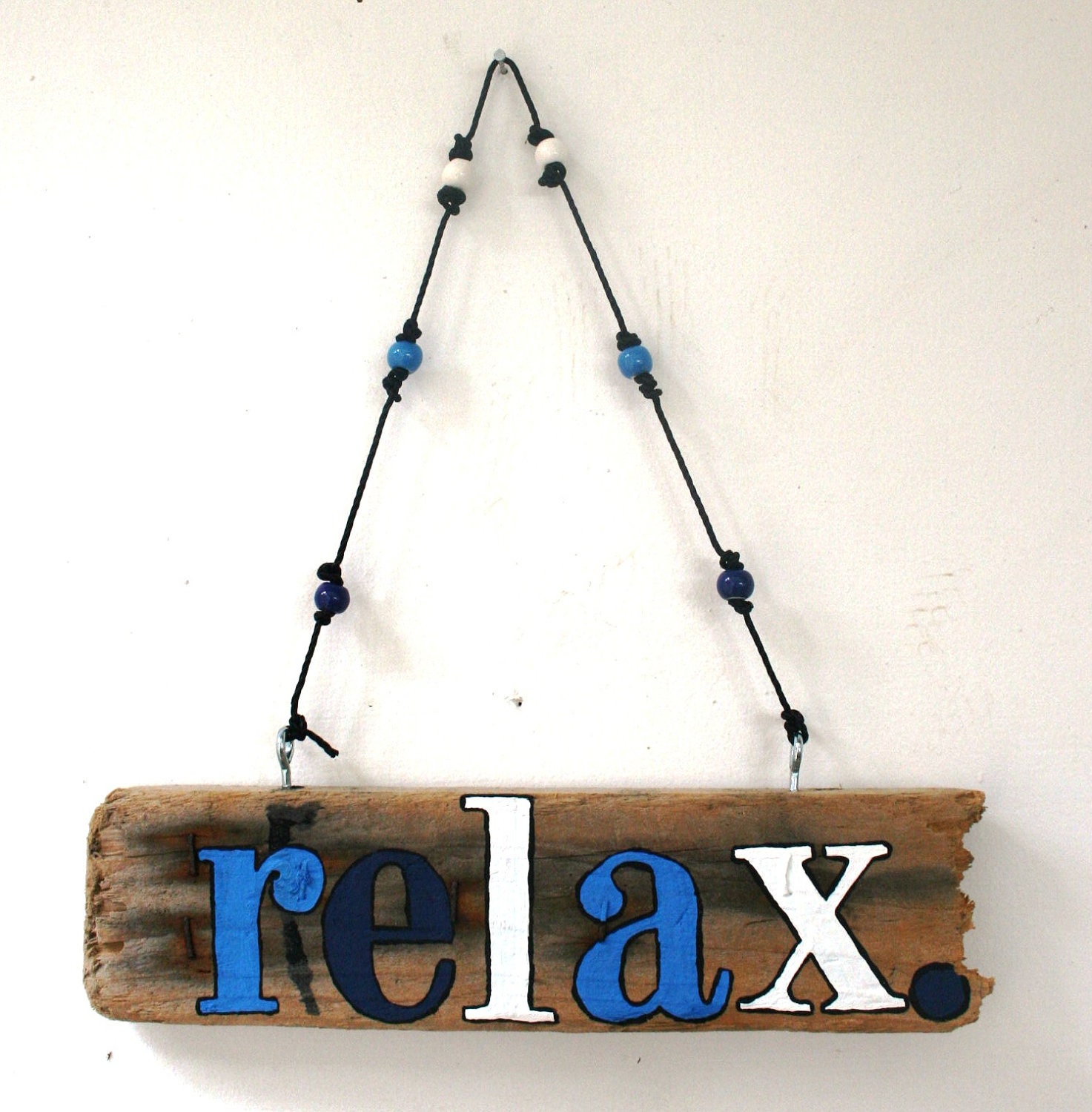 Relax Driftwood Art with blue & white beads (Made to Order) - PeaceLoveDriftwood