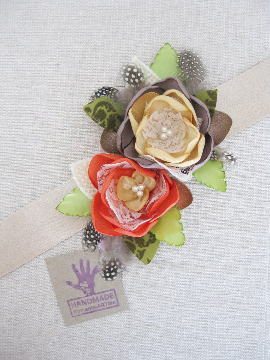Orange Yellow Flower Sash Belt. Fall Autumn Collection. Flower Dress Sash Belt. Flower Accessory. Gold Dess Sash. Ribbon Sash.