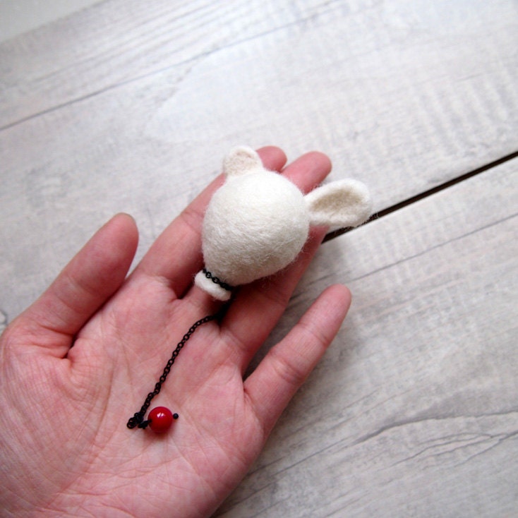 Rabbit and Bear Ear balloon brooch  Needle felted balloon in white , Red coral bead hangs at the bottom . RB2