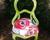 Antique Balloon Back French Cabriole Legs Accent Chair Upholstered in Salmon Pink Coral and Orange Poppy Designer Fabric