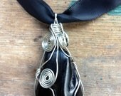 Jet Protection Stone Silver Wire-Wrapped Necklace