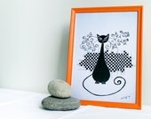 Black cat illustration A4 size Lovely kitty print - Minimal Black and white illustration Home decor - Pet - Cat art - Chess lady