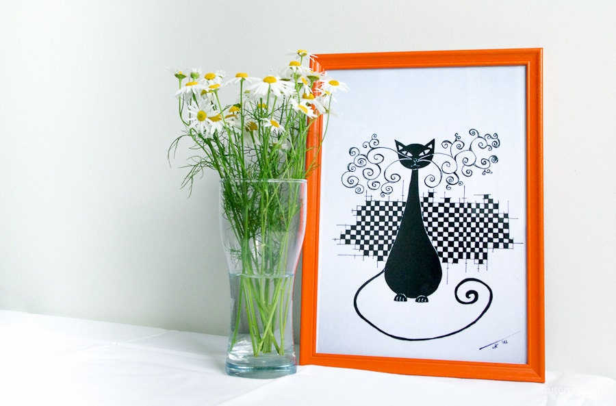 Black cat illustration A4 size Lovely kitty print - Minimal Black and white illustration Home decor - Pet - Cat art - Chess lady