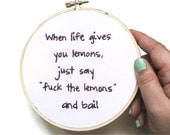 Sarah Marshall Hand Embroidery Hoop Art - Movie Quote : When Life Gives You Lemons Idiom - Comedy Inspirational Home Decor / Mature