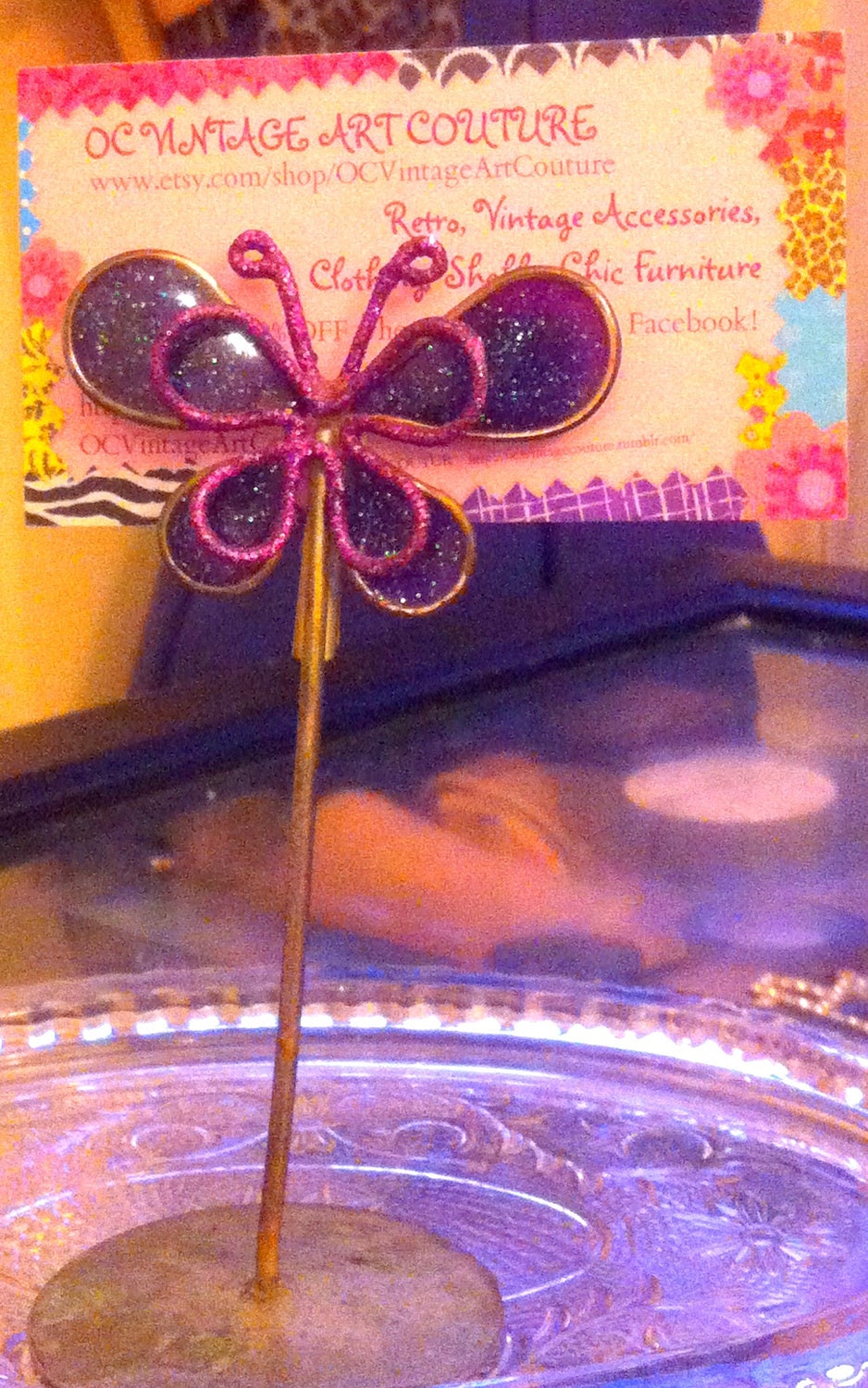 Business Card Blue Shabby Chic Holder Purple Butterfly Clip Stand Cottage Chic holder business card holder wire