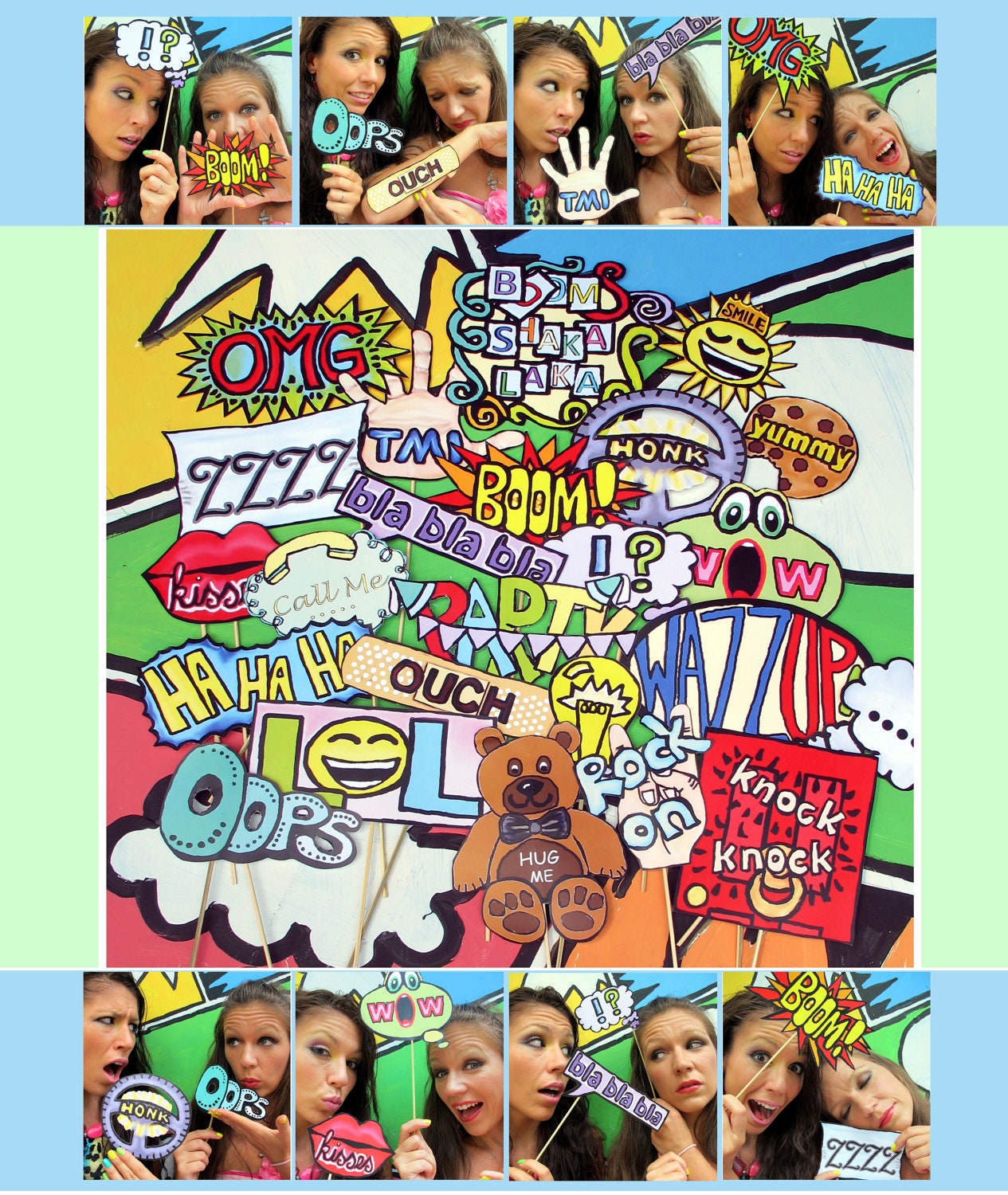Speech bubbles, wordstickers and more funny and silly cartoon photo booth props - perfect for the coolest party...