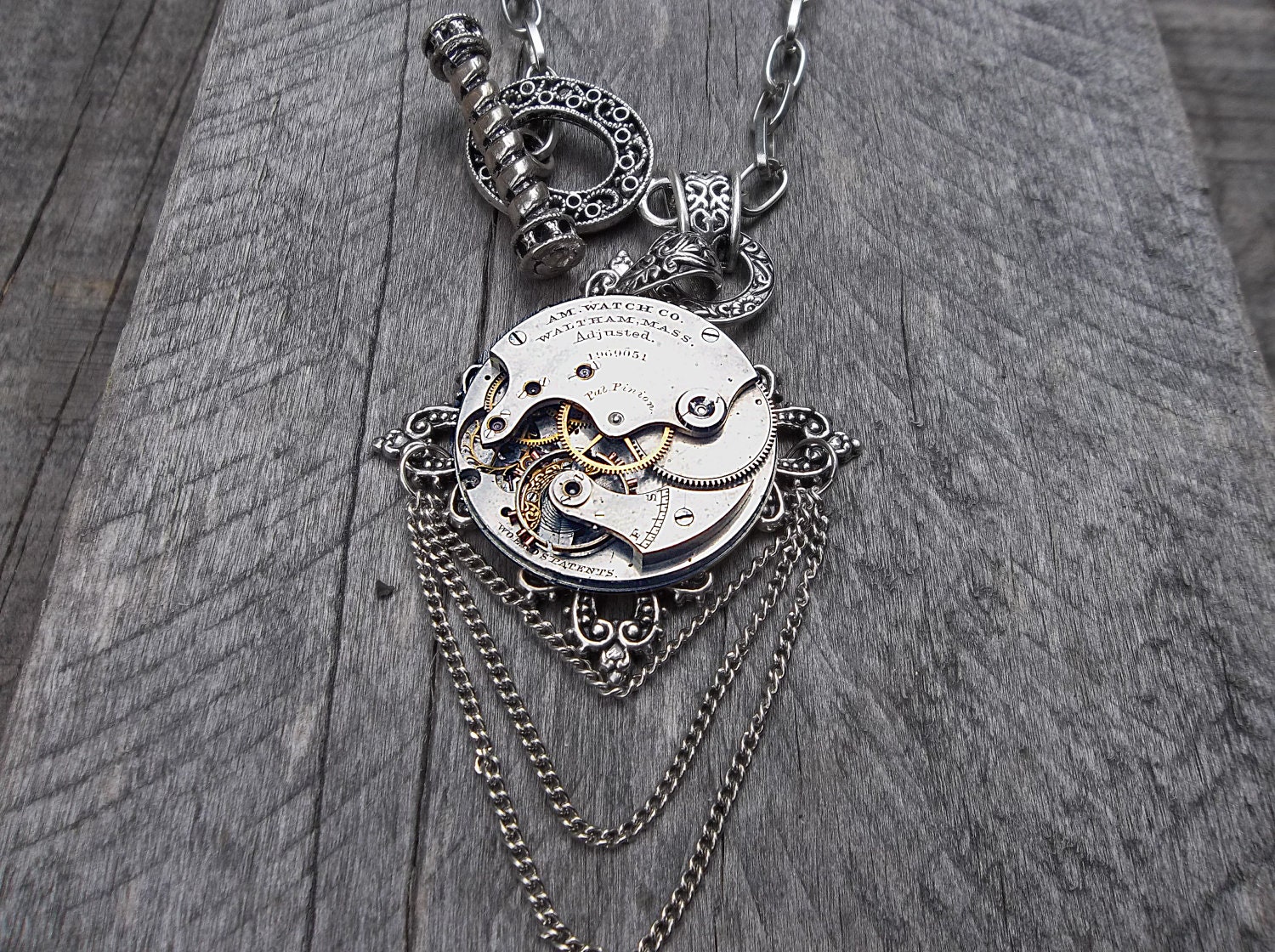Clockpunk Steampunk Pendant Necklace, Antique Pocket Watch Movement on Cross Fleury with Silver Triple Drop on Belcher Link Chain