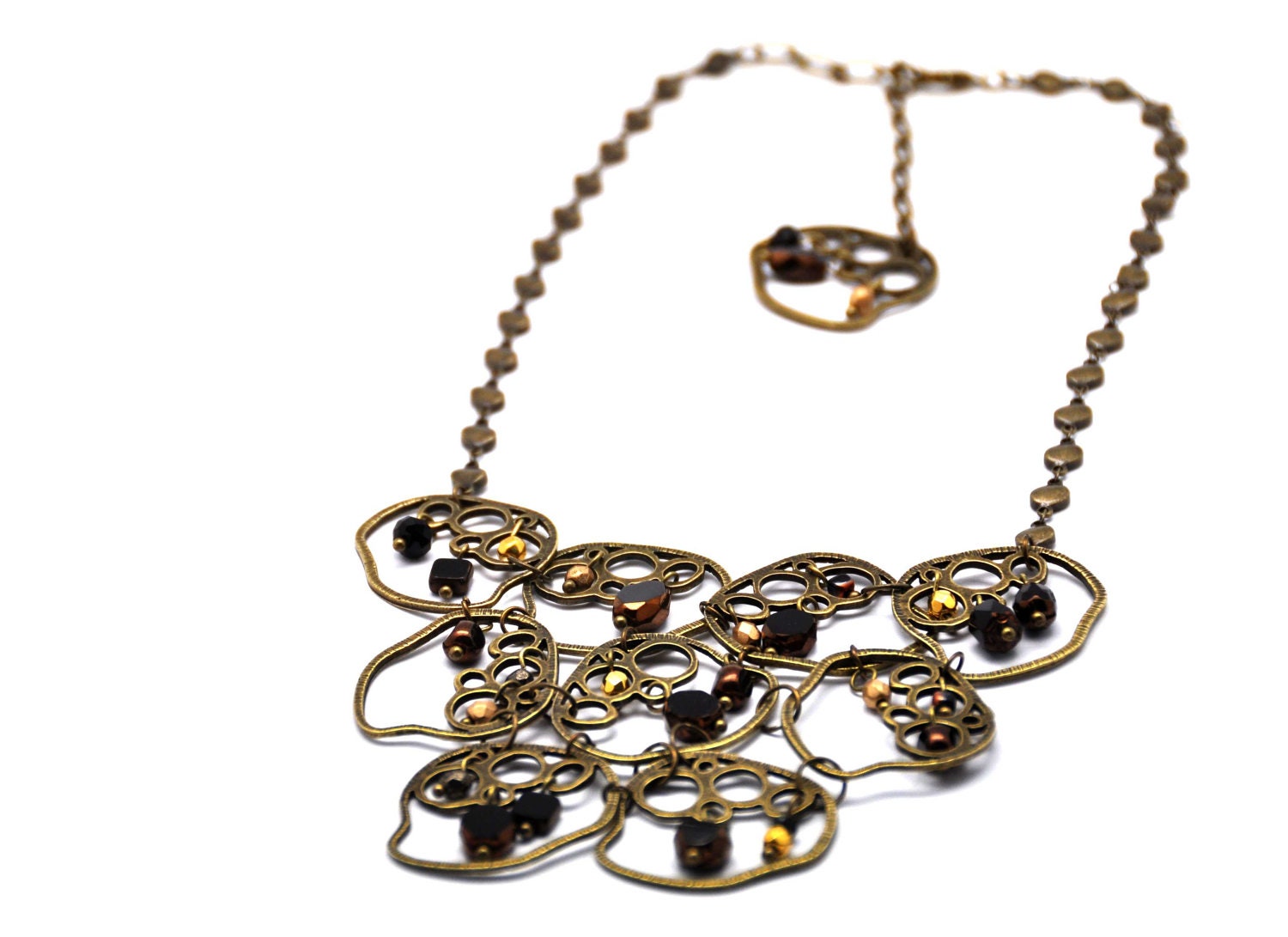 Glamourous delights, necklace made with black, bronze, gold czech glass beads, Picasso, opaque and antiqued brass irregular shapes - BBTAR