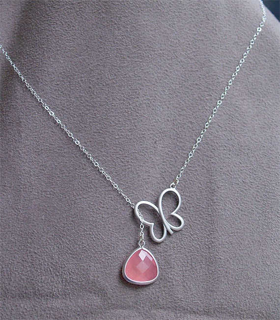 Butterfly Necklace Lariat with Pink Stone - Grapefruit Pink Stone Neckace on Sterling Silver Chain