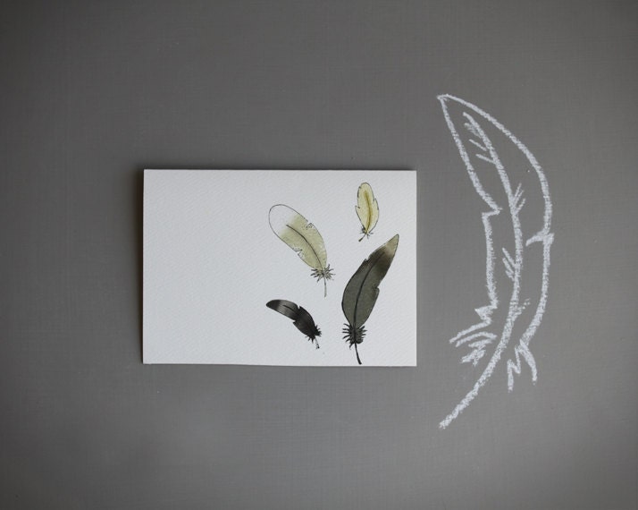 feather notecard stocking stuffer  nature note card .  hand drawn stationery .  tribal . gray . neutral . bird . hostess gift .