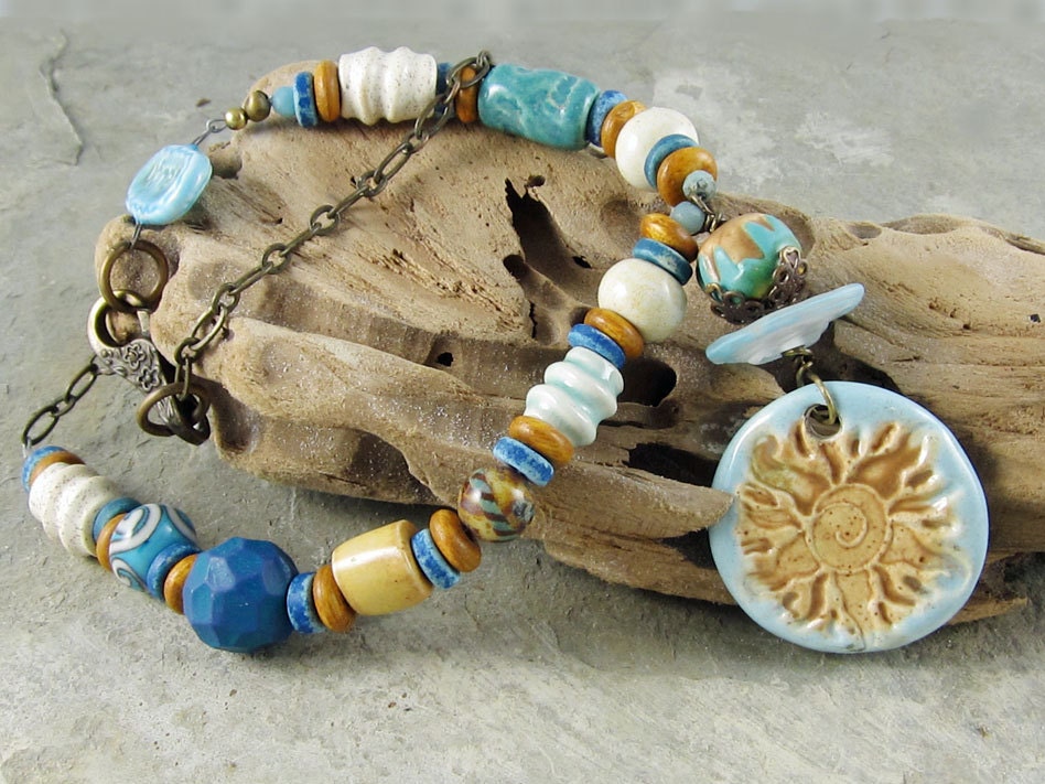 Sunshine Necklace Sun Handmade Ceramic Turquoise Gold OOAK Brass