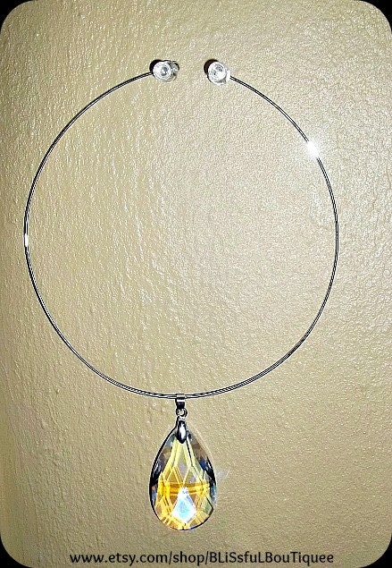 Crystal Glass Transparent Teardrop Prism Sterling Silver Plated Collarbone/Choker Necklace