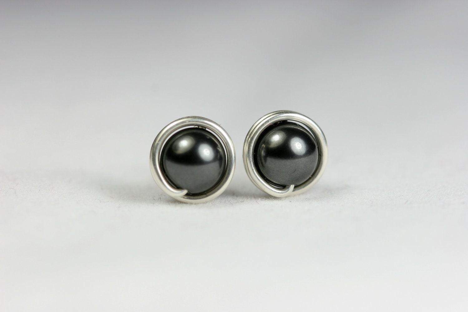 Black Pearl Stud Earrings Wire Wrapped Jewelry Handmade Sterling Silver Jewelry Handmade Swarovski Pearl Stud Earrings Dark Grey Studs