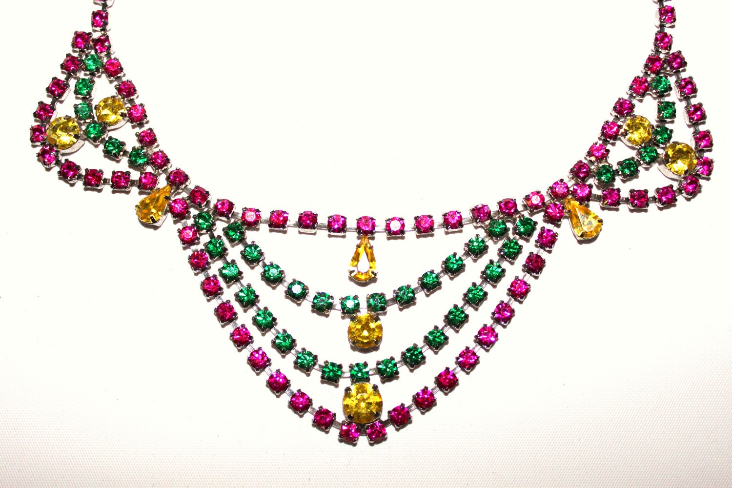 Upcycled 1950s Painted Rhinestone Chandelier-Style Pink, Green, and Yellow Necklace