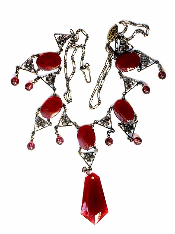 SADIE GREEN Necklace Egyptian Revival Carnelian Orange Red Glass Tribal Style Vintage Collectable Jewelry Signed Beauty