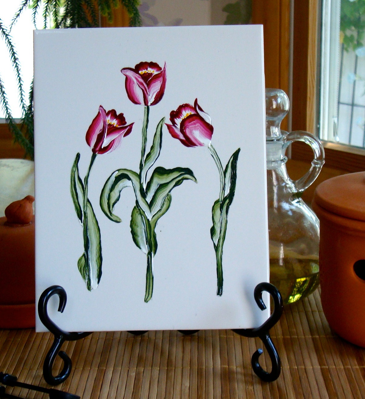 Ceramic Tile Trivet Spoon Rest with Red and white Tulips