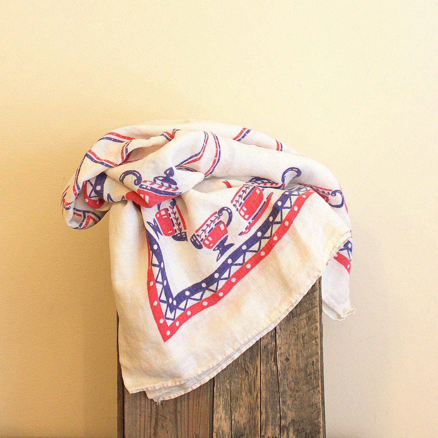Vintage Table Cloth - Square White with Red and Blue Teapots