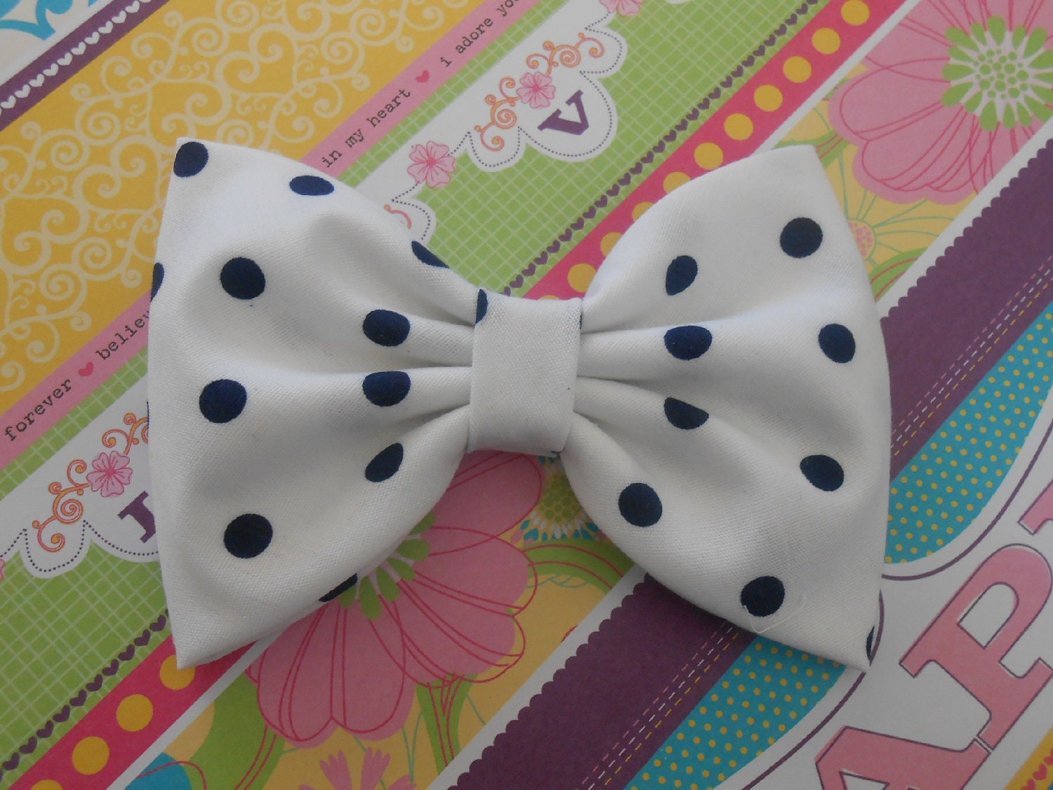 White/ Medium Black Polka Dots Hair Bow, Girls Hairbow, Fabric Hair Bow
