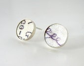 White silver stud earrings with black writing, Unique handmade silver jewelry, polymer and silver