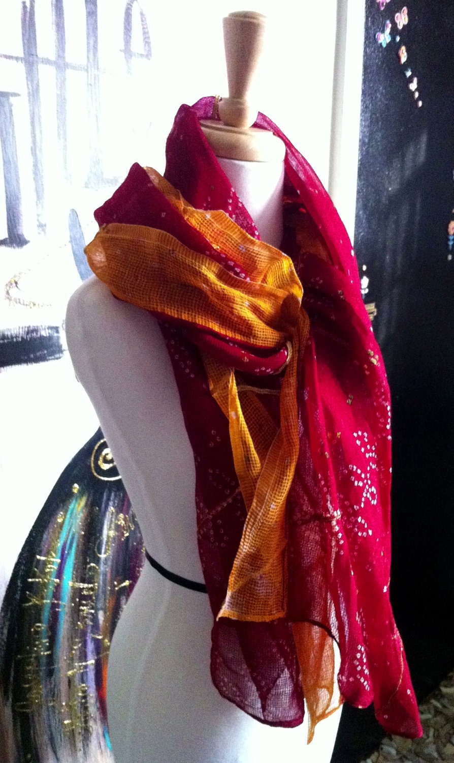 Red & Mustard Scarf with Gold Thread