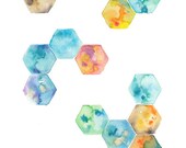 Hexagon geometric watercolour art print blue green mustard orange rainbow