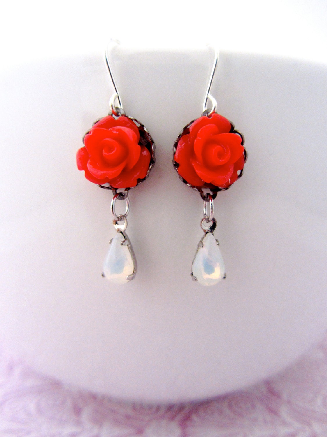Red Rose Earrings, Vintage Opal Teardrop, Dangle Earrings, Flower Earrings