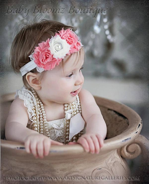 Baby Headband Coral Ivory Vintage Headband Hair Bow Shabby Headband Baby Bows girl Headband Flower Headband Newborn Headband