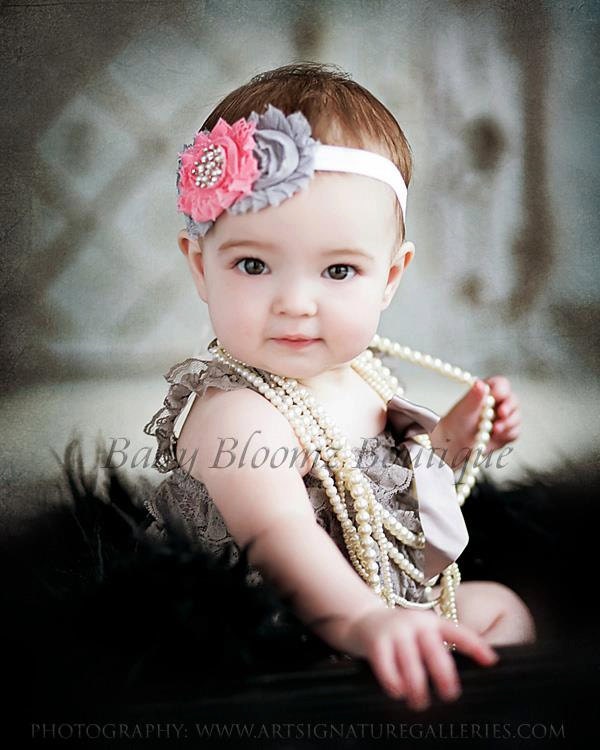 Baby Headband Gray & coral Headband Shabby Headband Baby Bows girl Headband Hair bow Flower Headband Newborn Headband