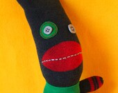 Big bunny handmade of socks, grey and red