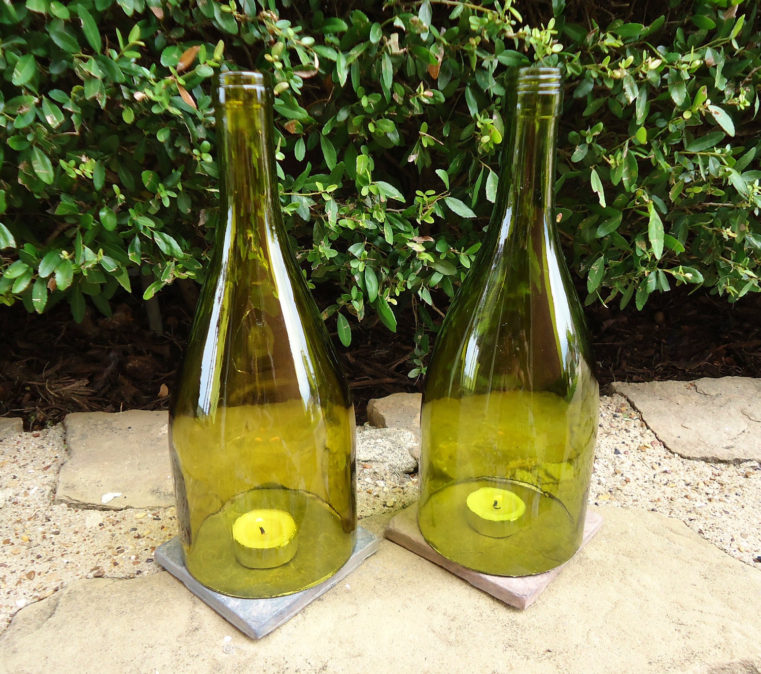Tea Light Candle Holders Hurricane Lamps Lanterns made from LARGE Upcycled Wine Bottles Lg Quantities Available Set of 2