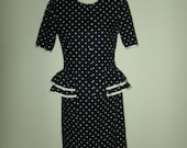 Stuart Alan 1980s Navy Blue Polka Dot Double Peplum Skirt Suit